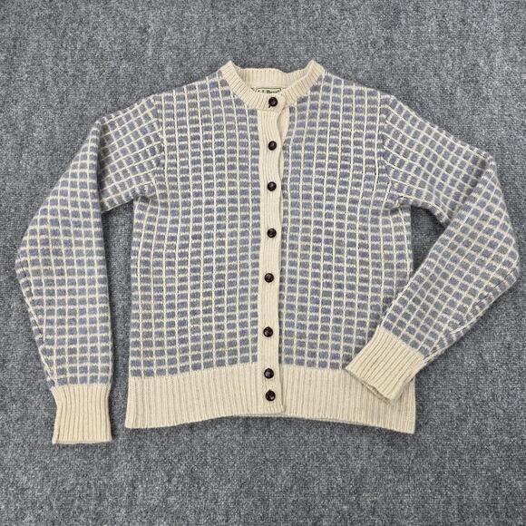 L.L. Bean Sweaters - Vintage LL Bean Sweater Womens Small Blue Check Wool Button Cardigan Knit USA